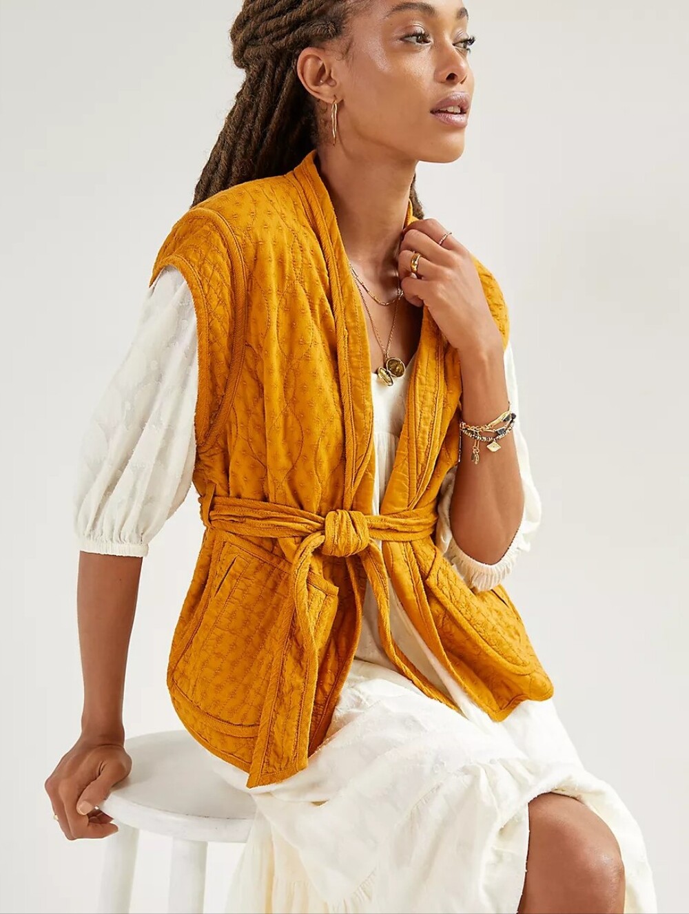 Anthropologie Quilted Vest Size XS Mustard Maize Cotton Belted Pockets NEW